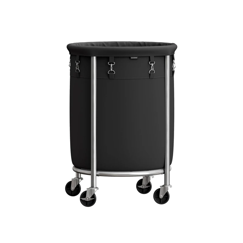 SONGMICS Laundry Basket on Wheels, Laundry Trolley 110L, Round Laundry Hamper with Steel Frame and Removable Bag, 4 Castors and 2 Brakes, Black and Silver RLS002B01