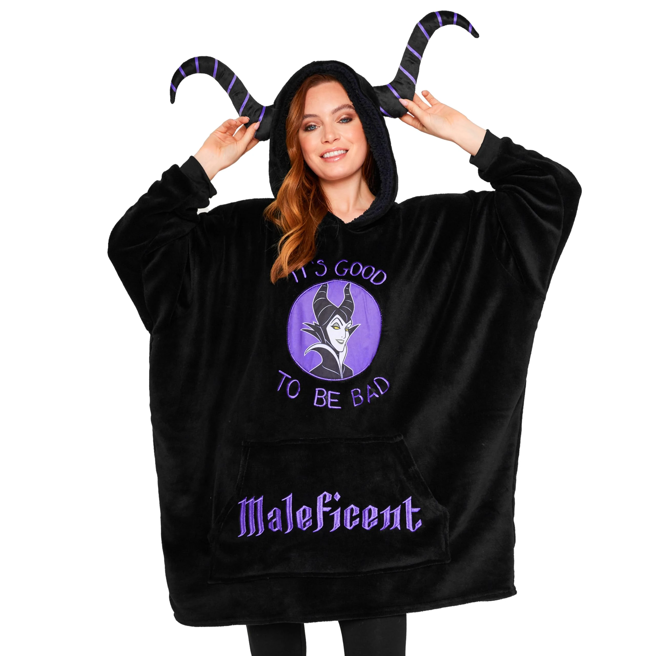 Disney Fleece Hoodie for Adults and Teenagers Oversized Hooded Poncho One Size - Stitch Gifts (Black Maleficent)