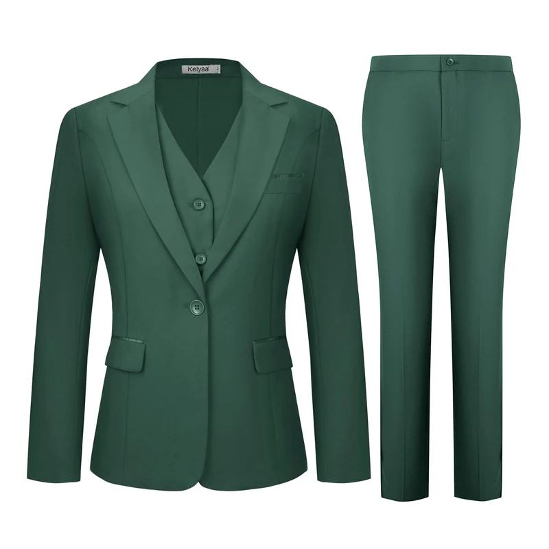Kelyaa Women's 3 Piece Suit Lady Business Casual Office One Button Slim Fit Blazer Jacket Vest Pants Set, Dark Green, XL