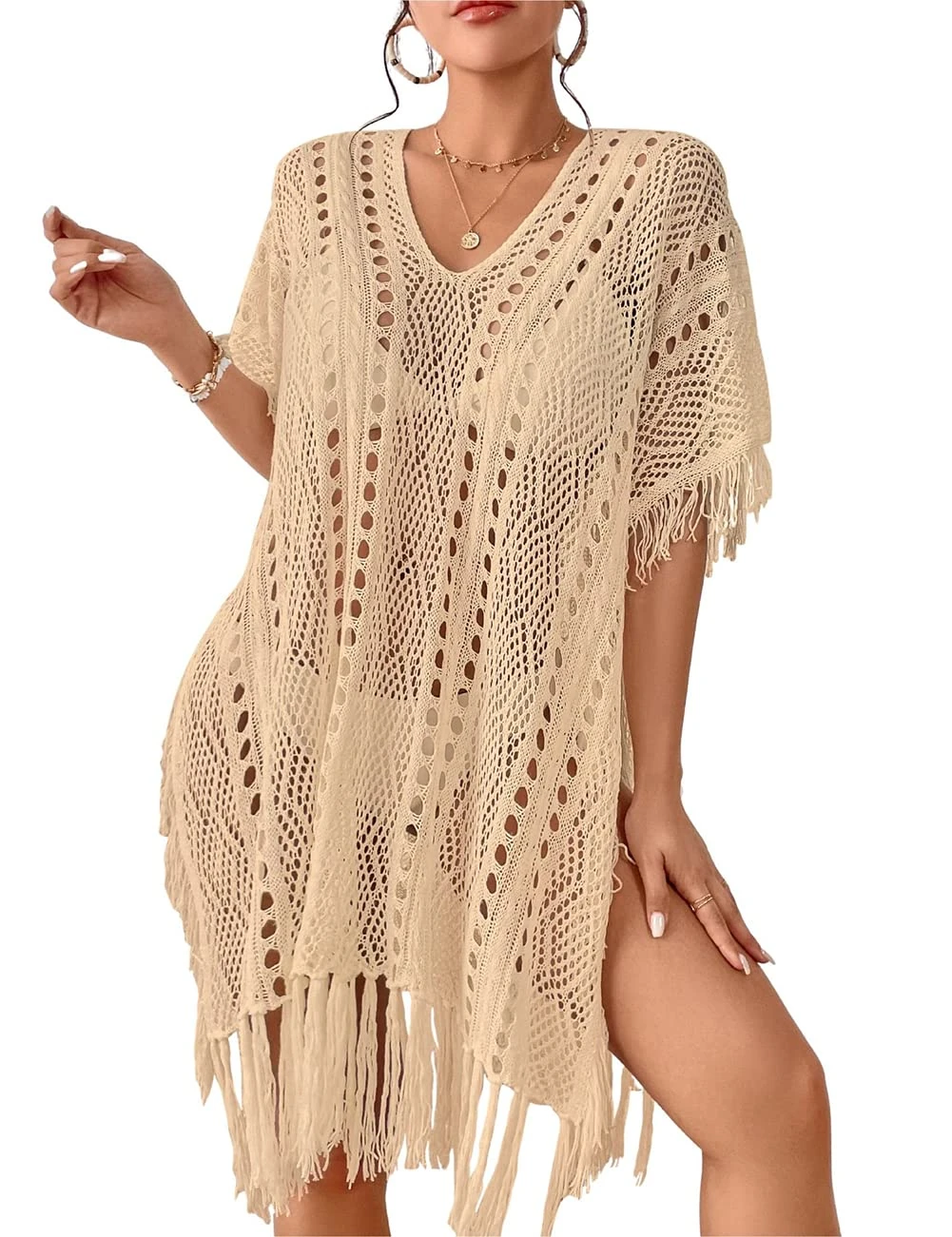 Bsubseach Crochet Swimsuit Coverup for Women Summer Bikini Beach Dress Knit Swimwear Resort Wear Apricot