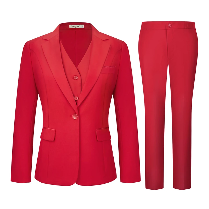 Kelyaa Women's 3 Piece Suit Lady Business Casual Office One Button Slim Fit Blazer Jacket Vest Pants Set, Red, XL