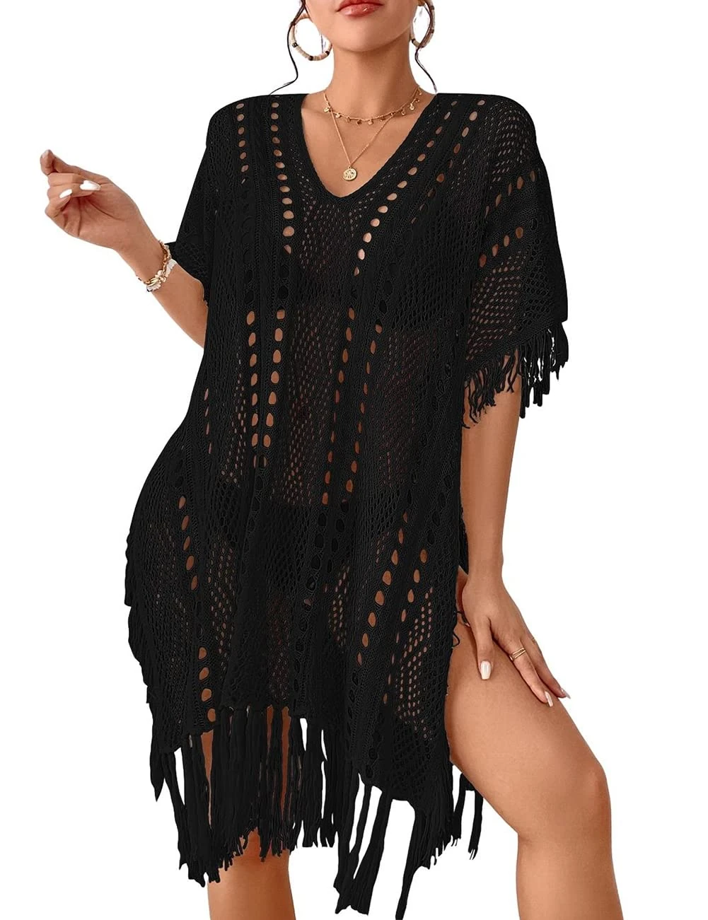 Bsubseach Crochet Swimsuit Coverup for Women Summer Bikini Beach Dress Knit Swimwear Resort Wear Black