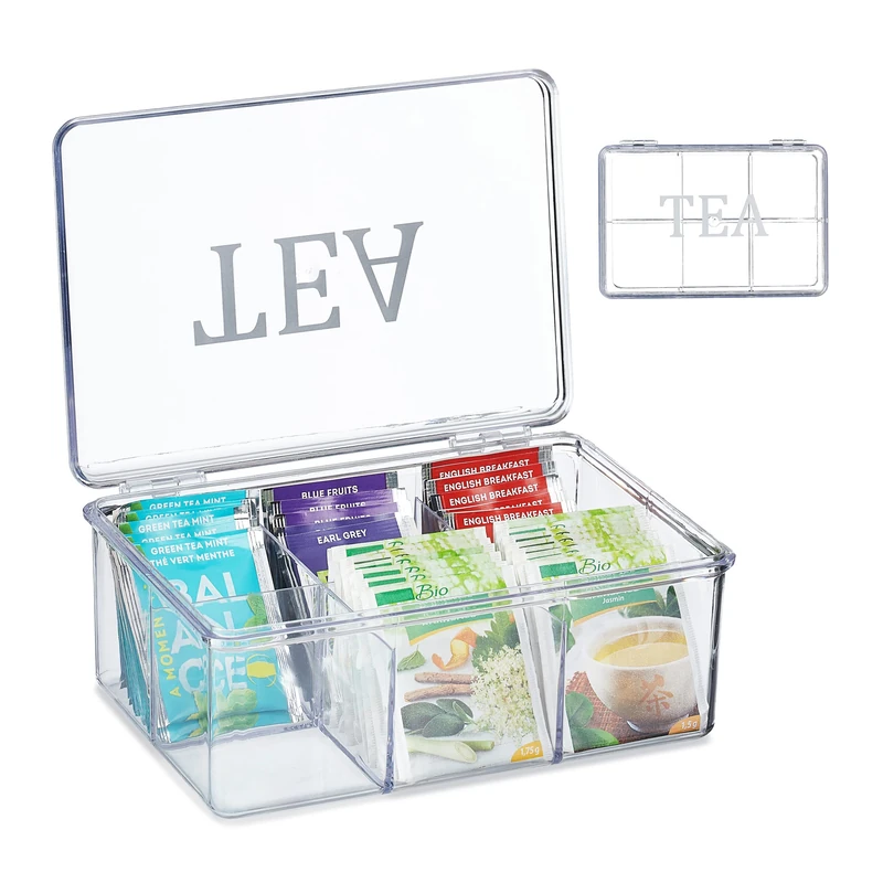 Relaxdays Tea Box, Plastic, 6 Compartments, Organiser, Hinged Lid, Caddy, 9 x 21.5 x 15 cm, Teabag Storage, Transparent