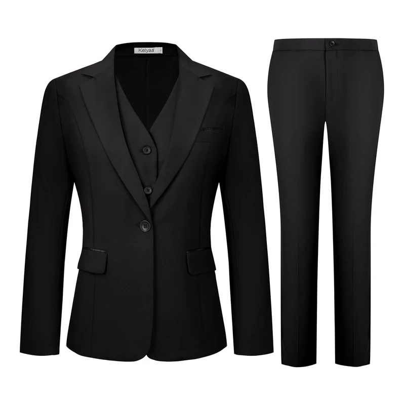 Kelyaa Women's 3 Piece Suit Lady Business Casual Office One Button Slim Fit Blazer Jacket Vest Pants Set, Black, XL