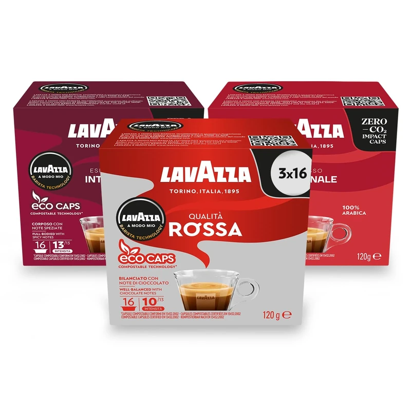 Lavazza, Strong Trio, A Modo Mio, Coffee Capsules, Compostable, 3 packs of 16 Coffee Pods (48 Coffee Capsules)