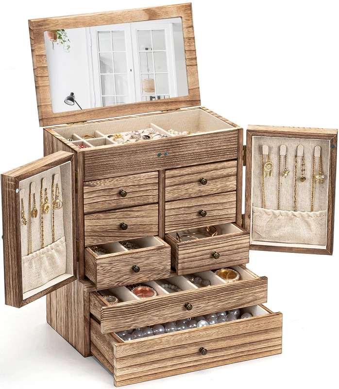 Emfogo Jewelry Box for Women Wooden Jewelry Boxes & Organizers 5-Layer Rustic Latest Large Jewelry Organizer Box 2023 with Mirror & 8 Drawers for Rings Earrings Necklaces Bracelets Women Girls Gifts
