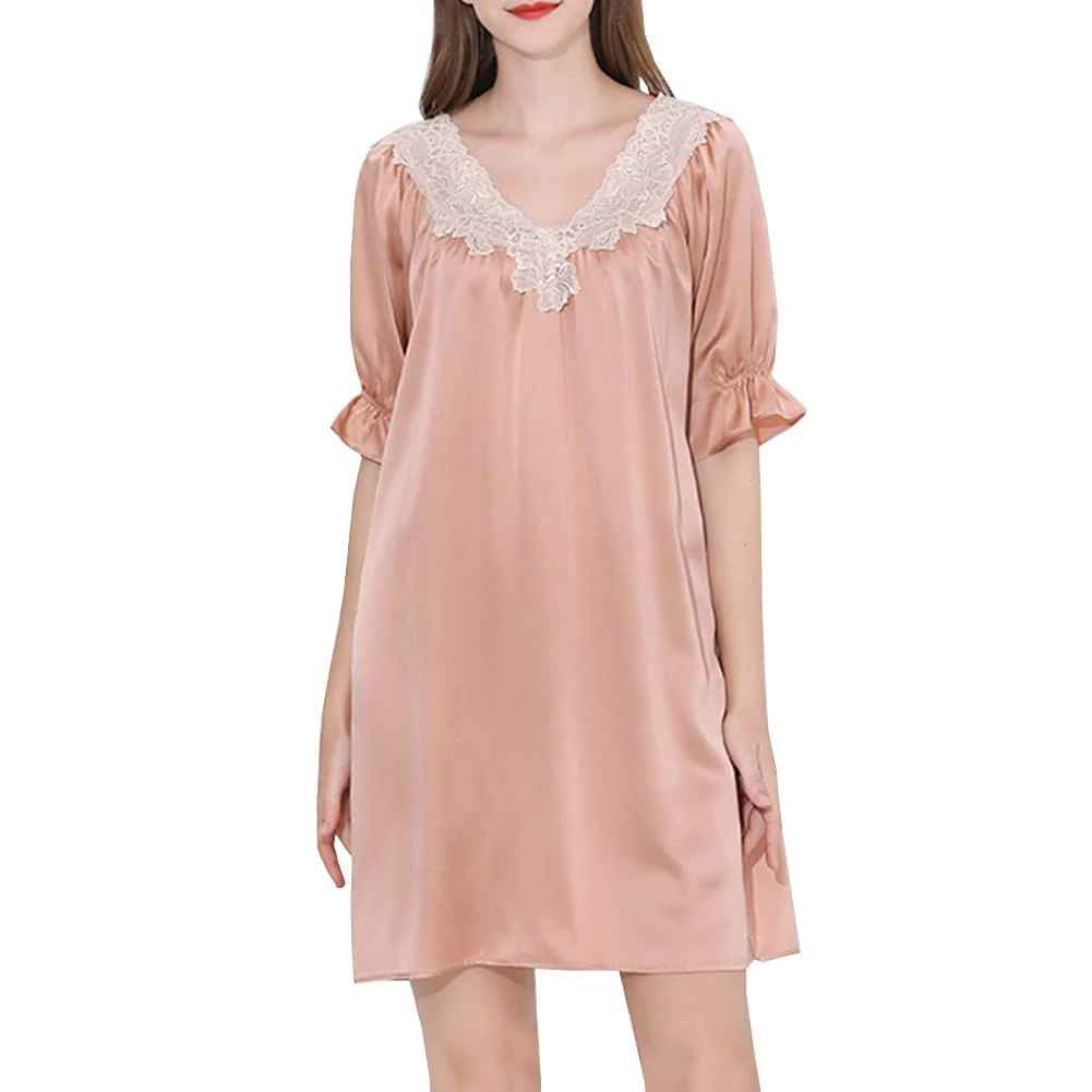 Valin Women Pink Lace 100% Silk Pajama Dress Nightwear Nightdress Sleepwear 19 Momme Silk Short Sleeve Sleepwear,XXL,S5685