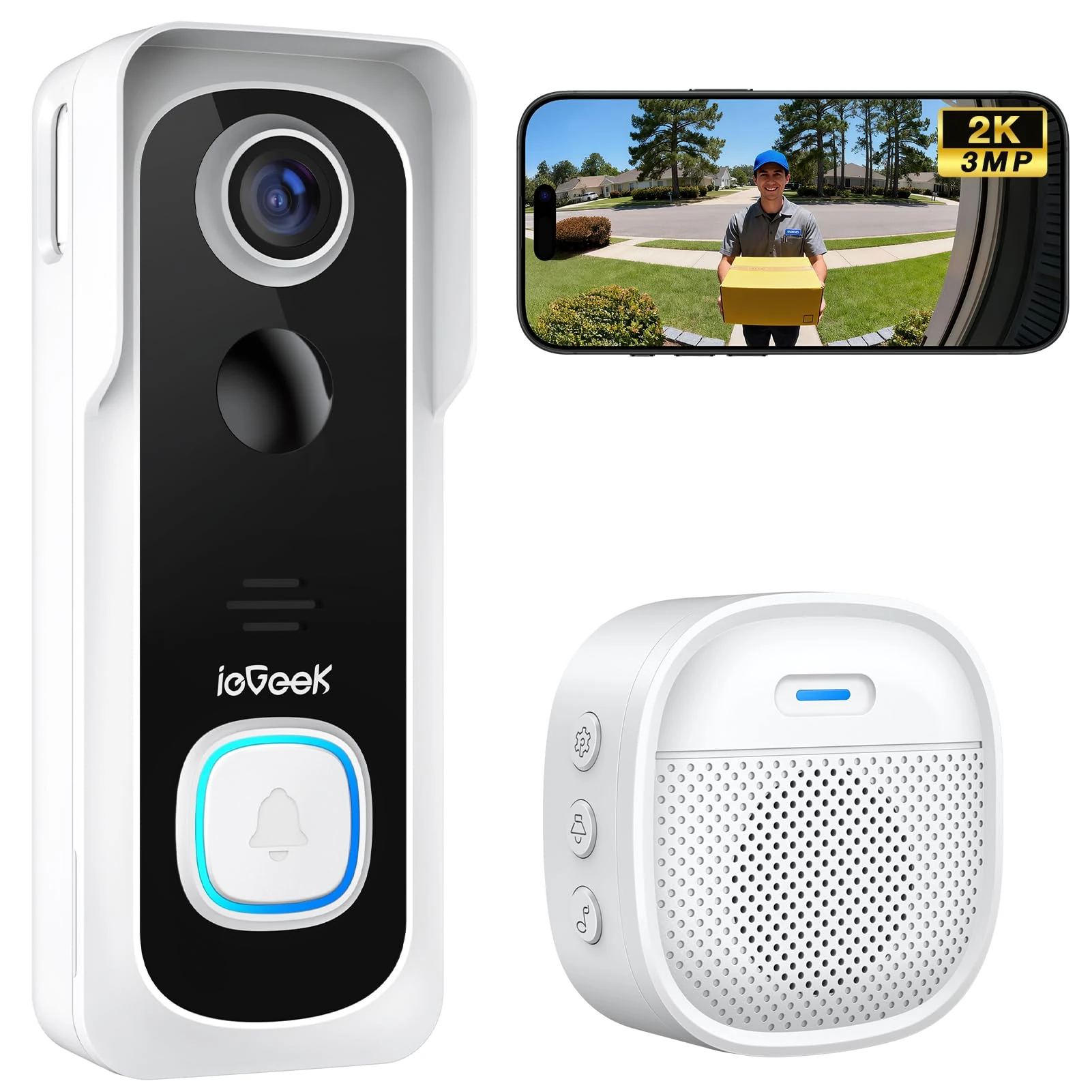 ieGeek Video Doorbell Wireless with Chime - 2K HD Doorbell Camera, Smart Home Security Door Bell Voice Message and Changer, Two-Way Audio, PIR Detection, Easy Installation, Night Vision