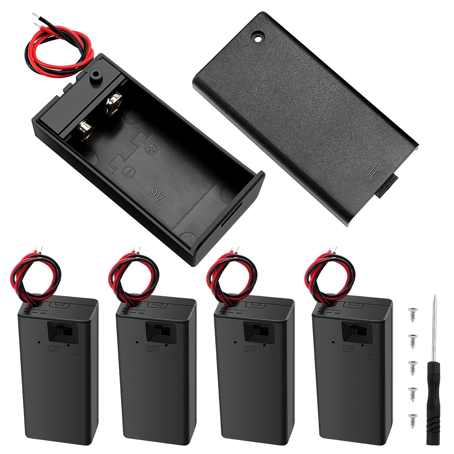 5 PCS 9V Battery Holder, KUOQIY Plastic 9 Volt Battery Case with Cover ON/Off Wire Lead, 9V Battery Storage Box for CCTV, Motor, Solenoid, LED Strip, with Screw & Screwdriver