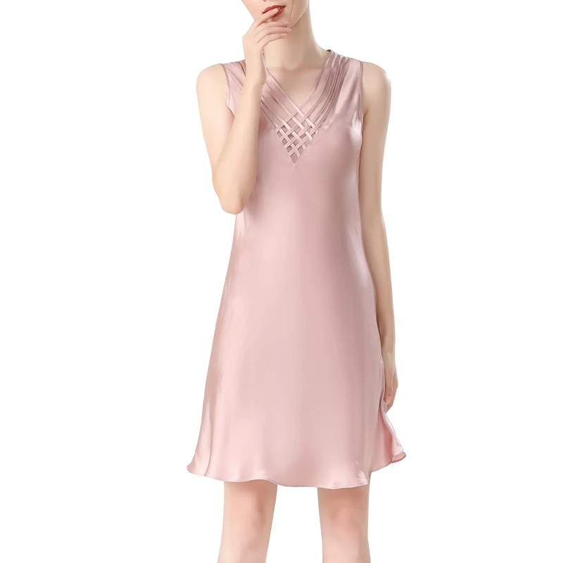 Valin Women Pink Plain 100% Silk Pajama Dress Nightwear Nightdress Sleepwear 19 Momme Silk Sleeveless Sleepwear,L,S5687