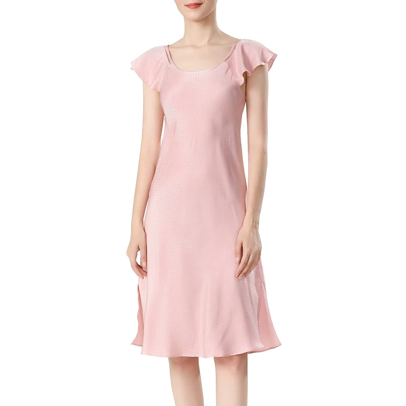 Valin Women Pink Plain 100% Silk Pajama Dress Nightwear Nightdress Sleepwear 19 Momme Silk Short Sleeve Sleepwear,XL,S5690
