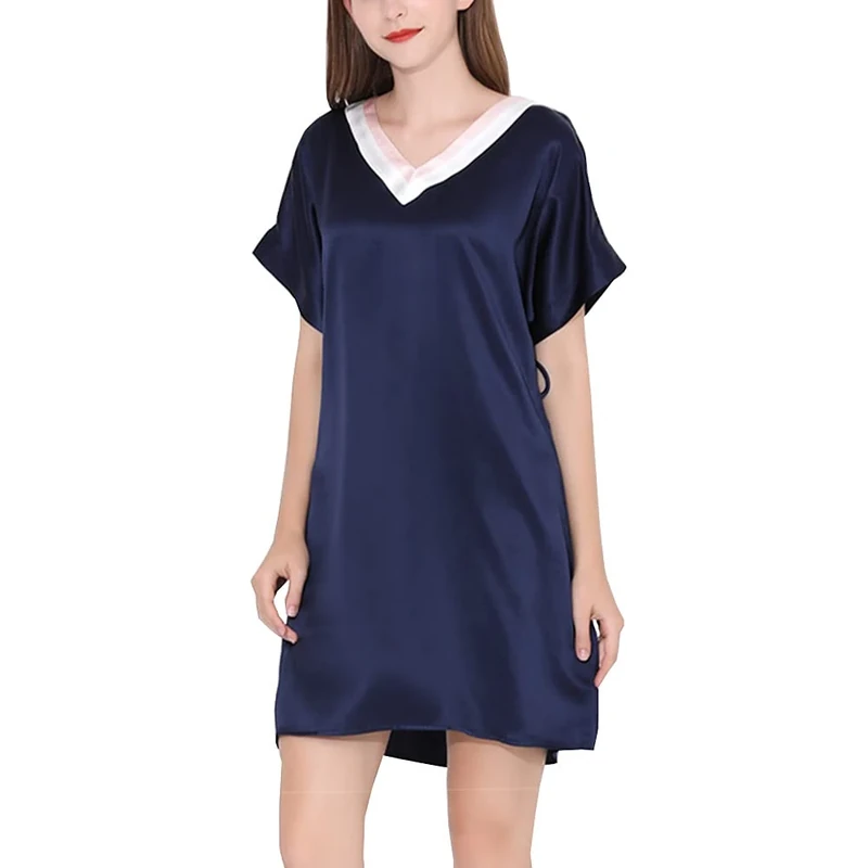 Valin Women Blue Plain 100% Silk Pajama Dress Nightwear Nightdress Sleepwear 19 Momme Silk Short Sleeve Sleepwear,L,S5686