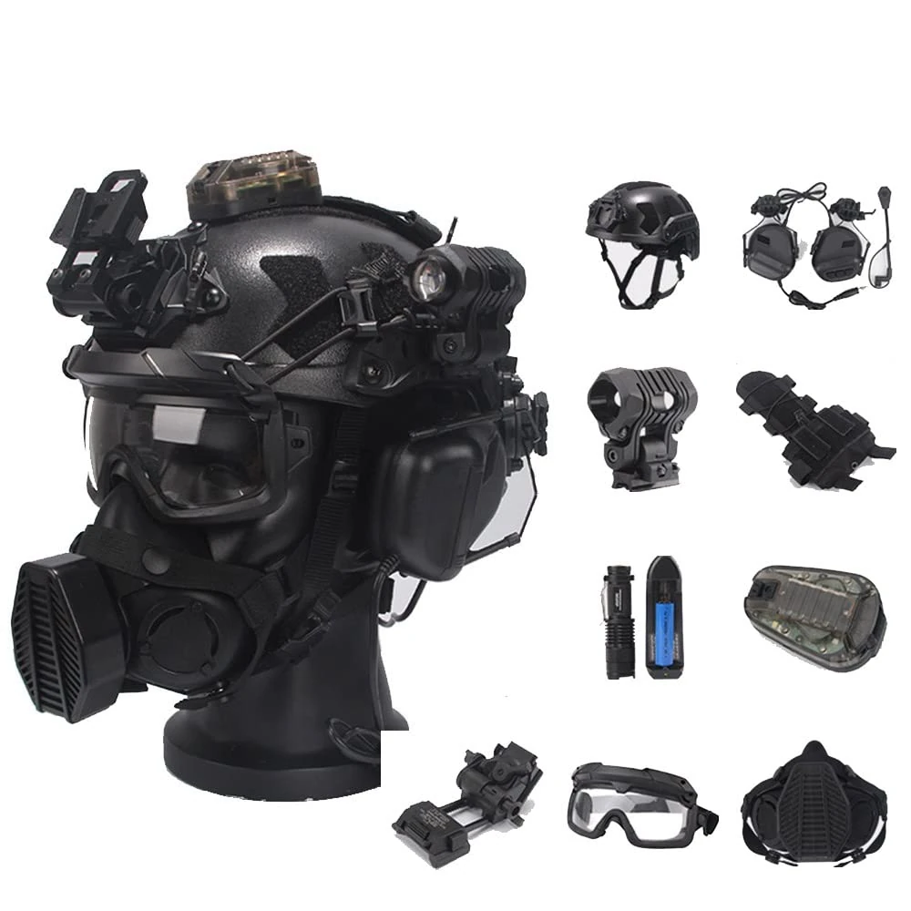 XLLYBZ Tactical Helmet Fast Set, Tactical Goggles Full Protect Face Mask EPP Pad, for Outdoor Airsoft Paintball Cosplay CS Game Gear (Color : BK, Size : E)