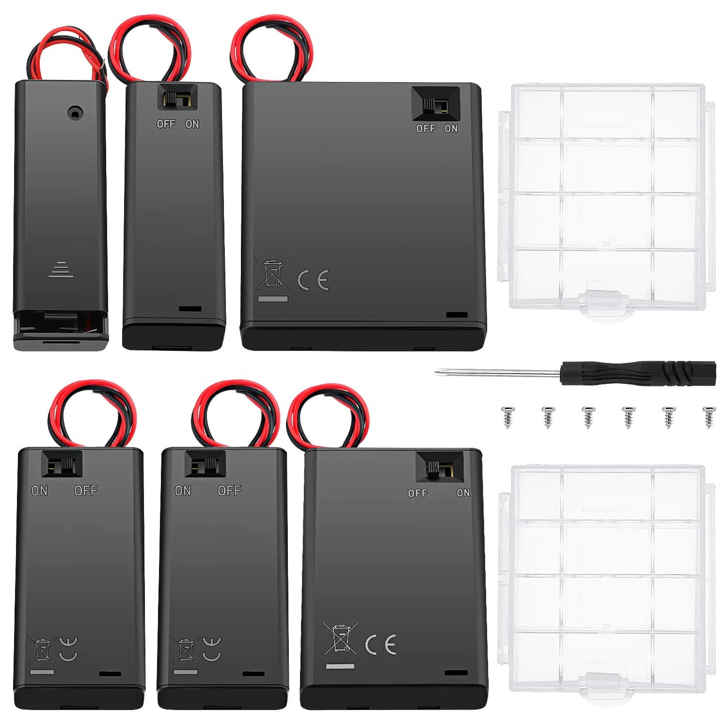 6 PCS AA Battery Holder Sets, KUOQIY 1/2/3/4 x 1.5V AA Battery Holder Case with ON/Off Switch & Wire Leads & Cover, with 2 PCS Plastic Battery Storage Box & Screwdriver & Screws