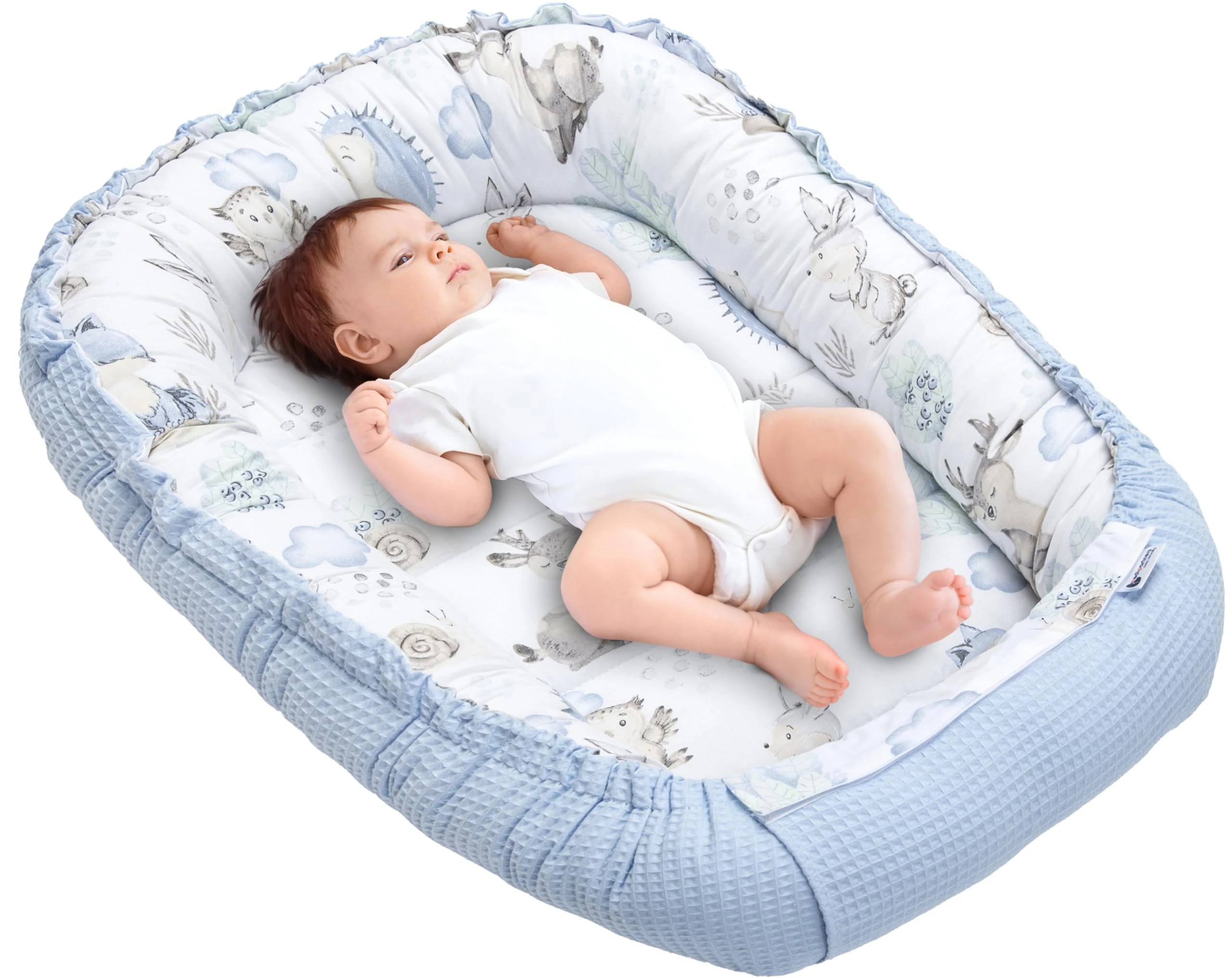 Medi Partners Baby Nest Pod for Newborn Babynest Sleep Bed - 100x60x15 Lounger Essentials 0-12 Months sleeping bilateral Cocoon 100% Cotton Waffle (Deer and Hedgehogs with light blue Waffle)