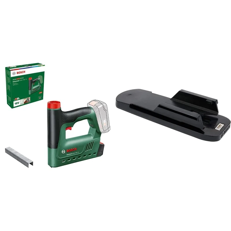 Bosch Cordless Tacker UniversalTacker 18V-14 (Stapling in Soft & Hard Wood; for Staples & Nails; Rapid fire Mode; 18 Volt System; 1000x fine Wire Staples; Without Battery) + Paper spacing (Accessory)