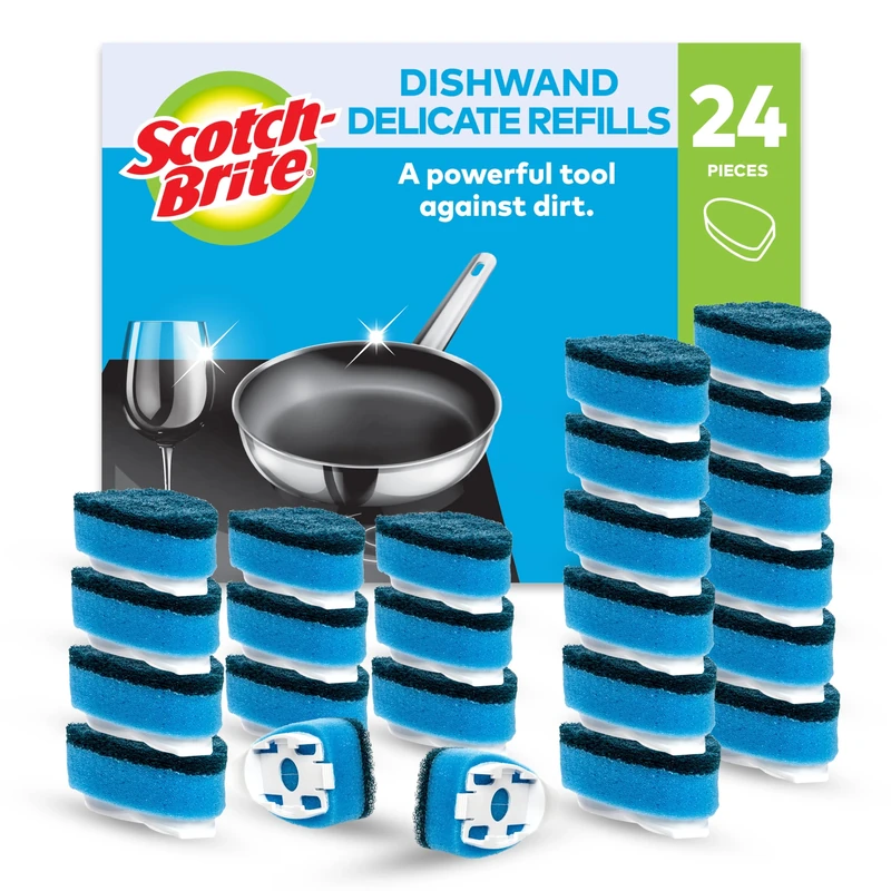 Scotch-Brite Delicate Dishwand Refills, 12x2 Non-Scratch Sponges, Safe for Non-Stick Cookware, 100% Recycled Fibers, 24 Replacement Heads, Green, Lightweight, Kitchen & Bath Cleaning