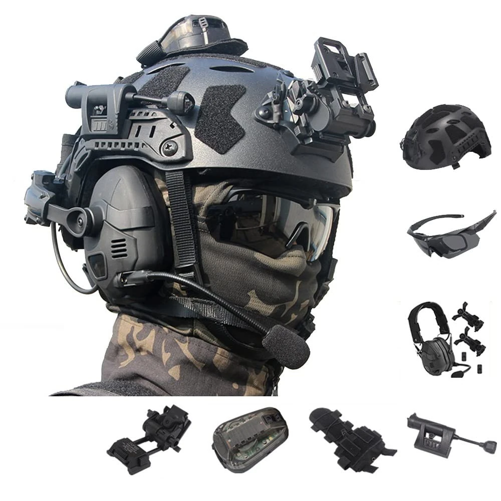 XLLYBZ Tactical Fast Helmet Set, with Tactical Multifunctional NVG Mount, EPP Pad, for Outdoor CS Paintball Hunting Cosplay Halloween (Color : Bk, Size : D)