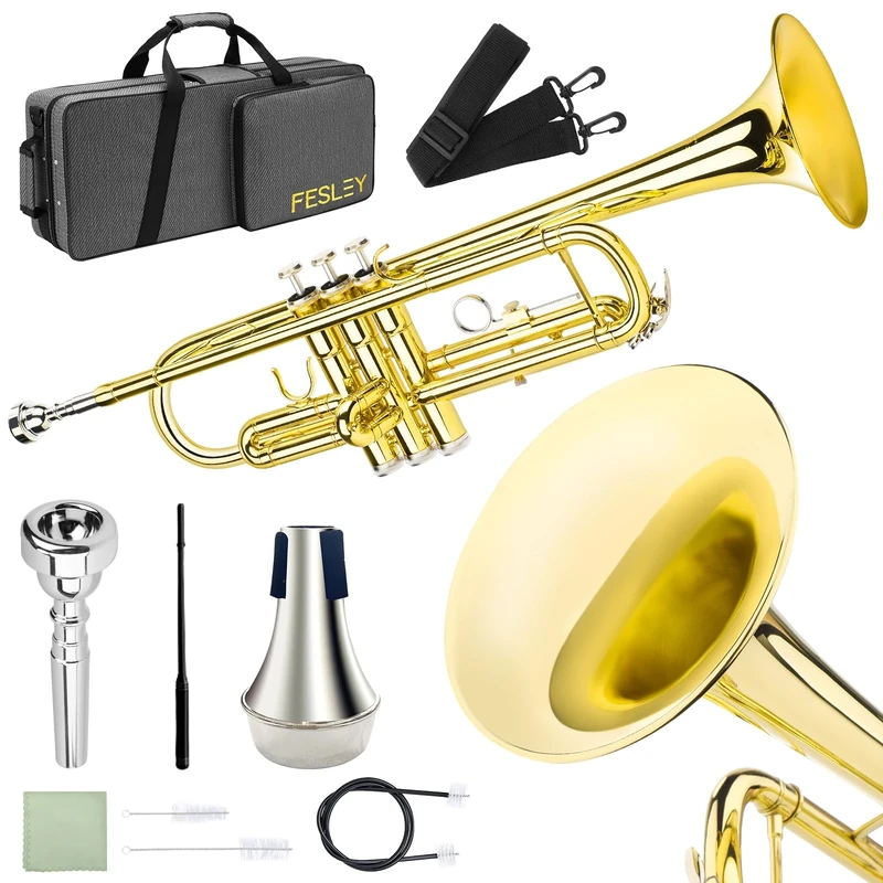 Fesley Bb Standard Trumpet Set: Brass Trumpets for Beginner Student, Brass Trumpet Instrument with 7C Mouthpiece, Hard Case, Cleaning Kit (Golden)