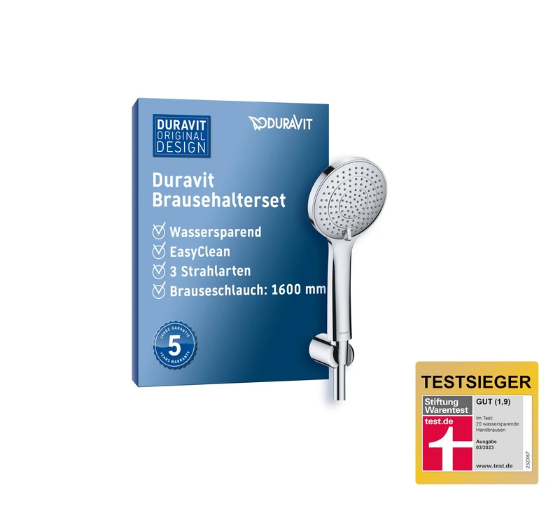 Duravit Universal Shower Set, Water-Saving Hand Shower Round (Diameter 110 mm), Wall Connection Elbow, Flexible Shower Hose, Chrome