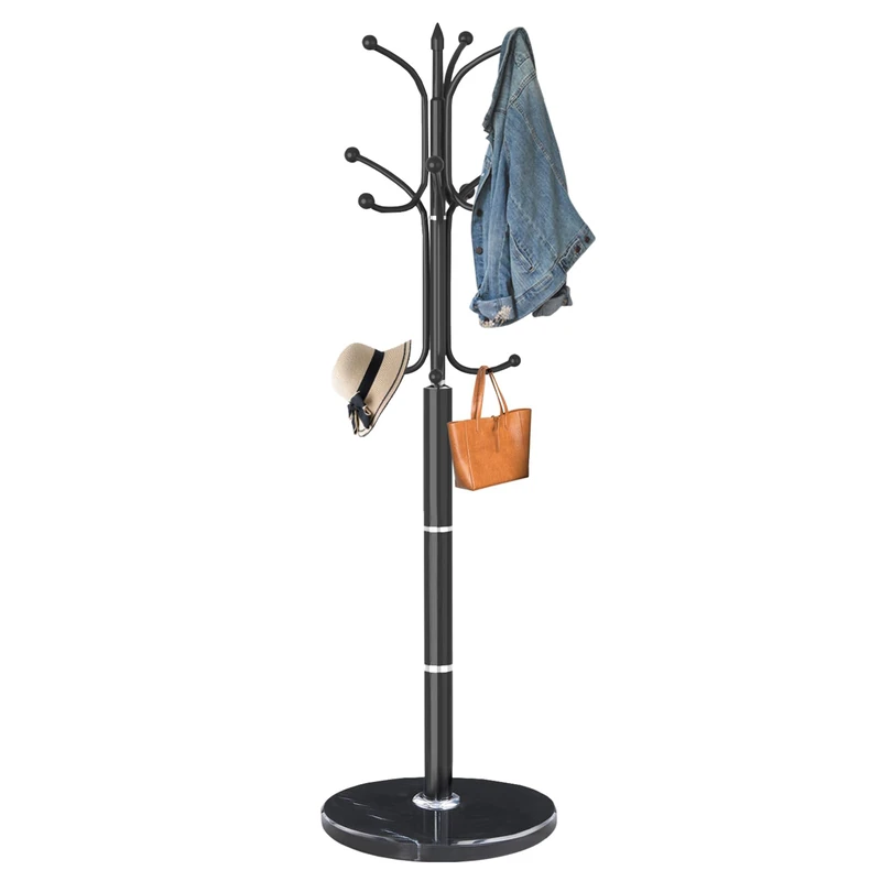 Snaikor Metal Coat Rack Freestanding, Sturdy Coat Rack Stand with Natural Marble Base, Modern Black Coat Racks Tree Hats Hanger Holder Stand for Entryway, Hallway, Office(12 Hooks)