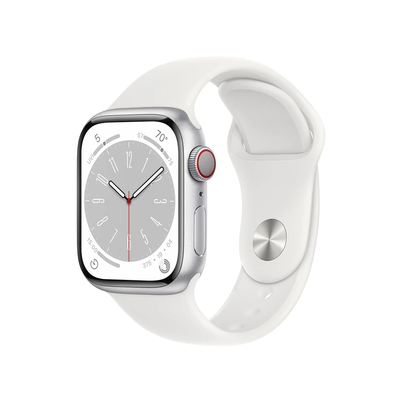 Apple Watch Series 8 [GPS + Cellular, 41mm] - Silver Aluminum Case with White Sport Band, Regular (Renewed)