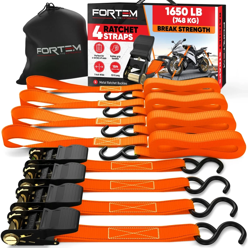 FORTEM Ratchet Straps, 748kg Break Strength, 4 Pack 4.6m x 2.54cm Tie Down Strap Set, 4 Soft Loops, Motorcycle Straps Tie Downs, Cargo Cam Buckles, Rubber Handles, Carry Bag