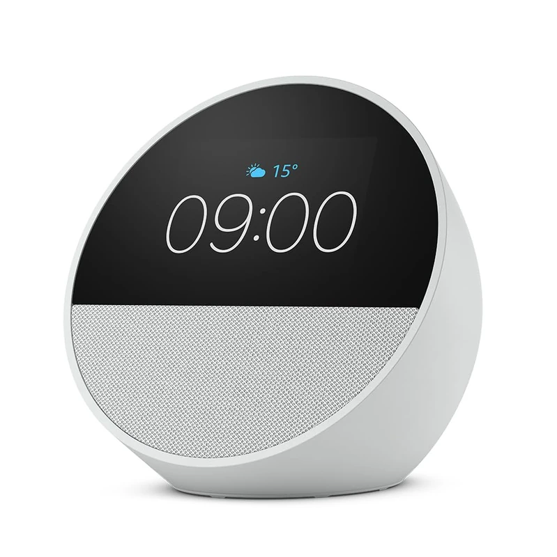 Certified Refurbished Echo Spot (2024 release), Smart alarm clock with vibrant sound + Alexa, Glacier White