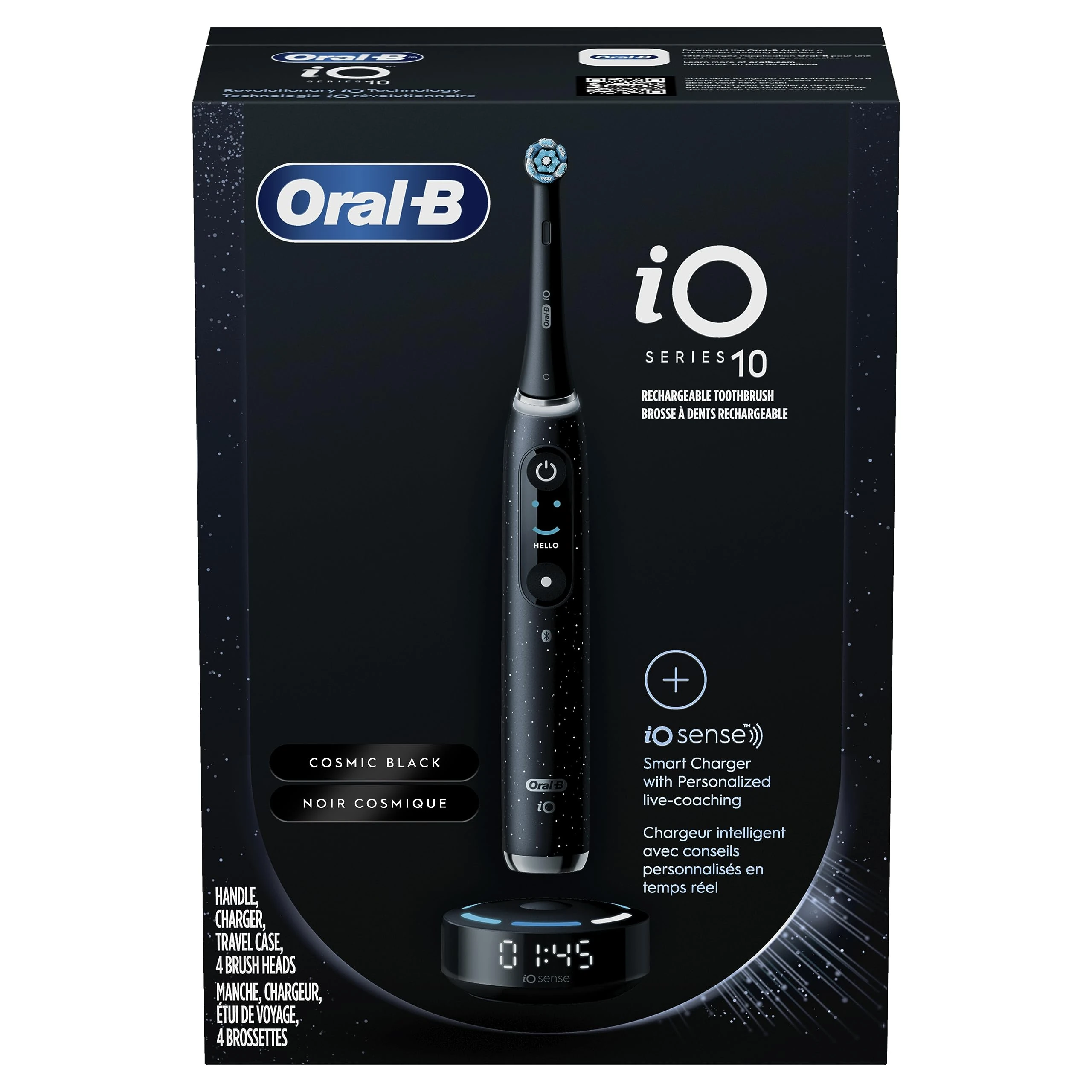 Oral-B iO Series 10 Rechargeable Electric Toothbrush, Cosmic Black with 4 Brush Heads, Travel Case and iO Sense Charger, Visible Pressure Sensor
