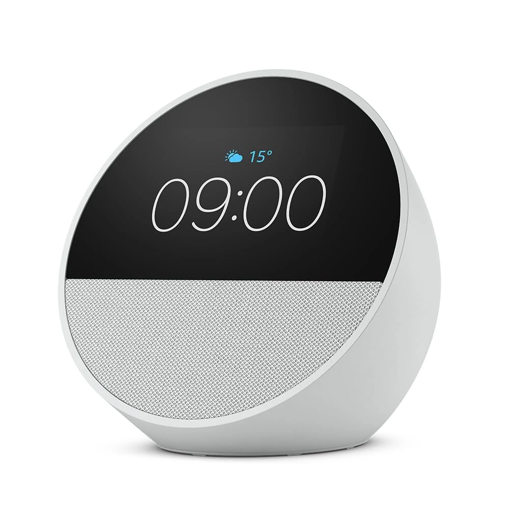Echo Spot (newest gen), Smart alarm clock with vibrant sound + Alexa, Glacier White