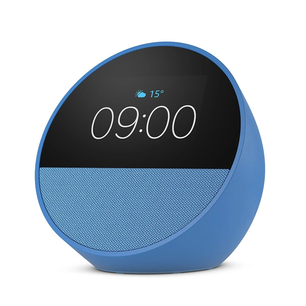 Echo Spot (newest gen), Smart alarm clock with vibrant sound + Alexa, Ocean Blue