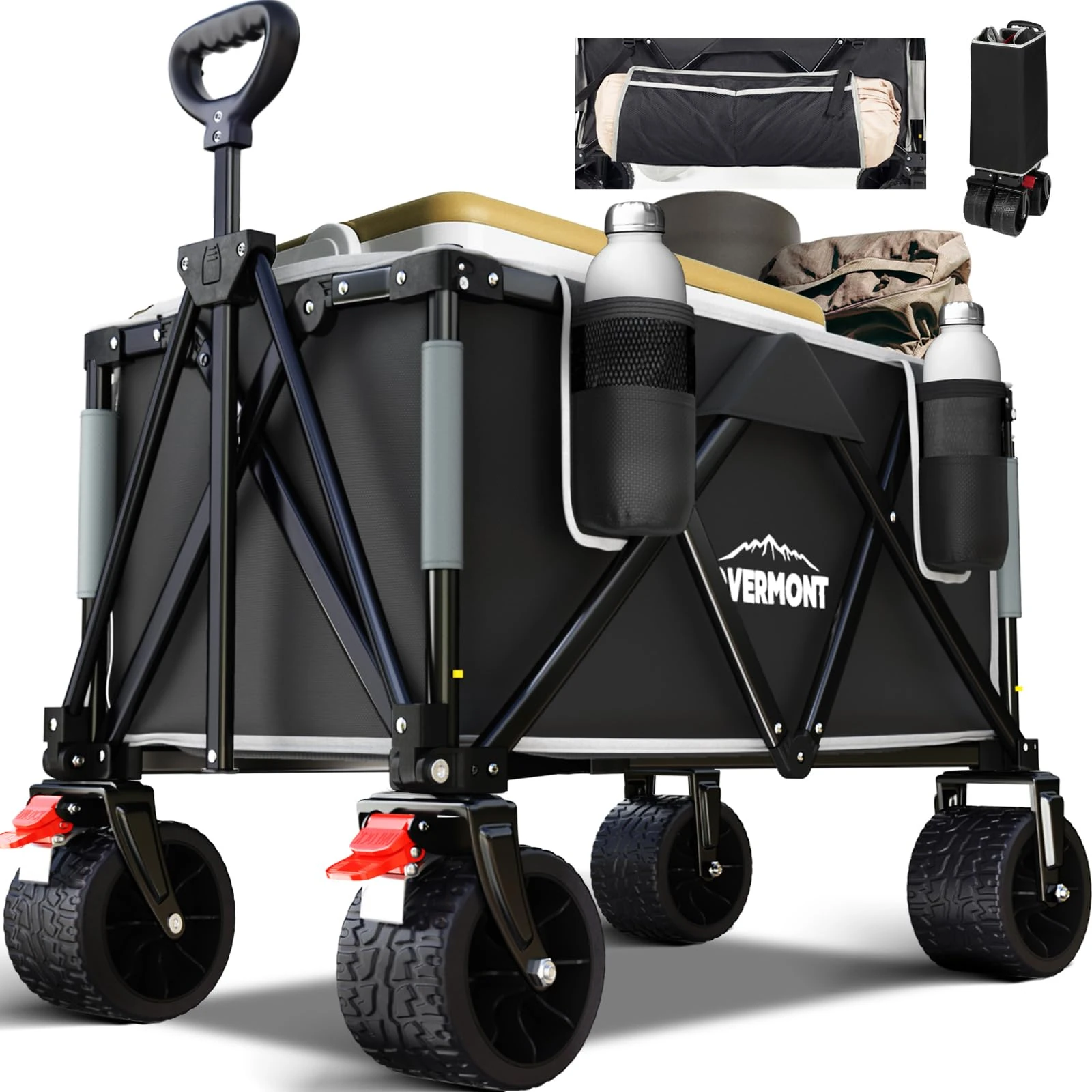 Overmont 150kg Festival Camping Trolley on Wheels - Heavy Duty Folding Wagon Cart with Extra Wide Wheels, 330lbs Capacity, Adjustable Handle, Portable for Outdoor, Garden, Shopping, Beach - Black