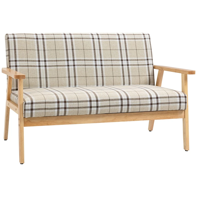 HOMCOM Modern Two Seater Sofa for Living Room with Rubber Wood Frame Beige