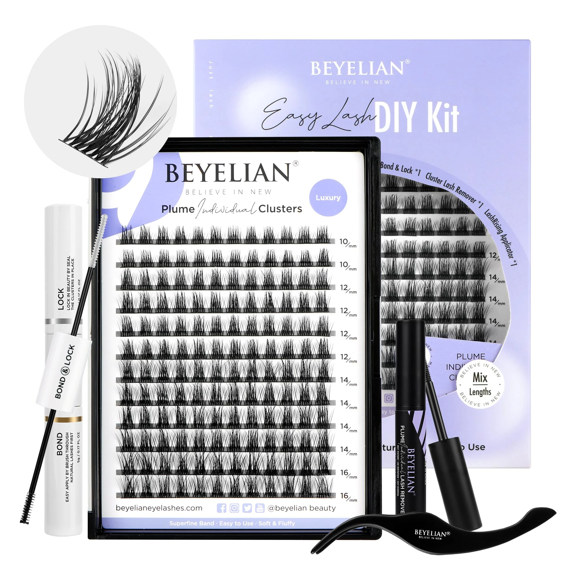BEYELIAN Cluster Lashes Kit 144 Pcs D+ Lash Clusters, Individual Lash Kit with Lash Bond and Seal and Lash Remover and Eyelash Applicator for Beginner DIY at Home (Luxury)