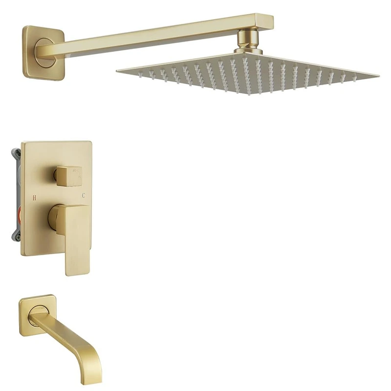 Heable Brushed Gold Shower Faucet Set with Tub Spout Bathroom Luxury Rain Mixer Shower Head System Wall Mounted Shower Faucet Complete Single Handle Tub and Shower Trim Kit with Rough Valve