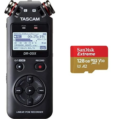 Tascam DR-05X portable audio recorder, usb2.0 & SanDisk 128GB Extreme microSDXC card + SD adapter + RescuePRO Deluxe, up to 190MB/s, with A2 App Performance, UHS-I, Class 10, U3, V30, Black