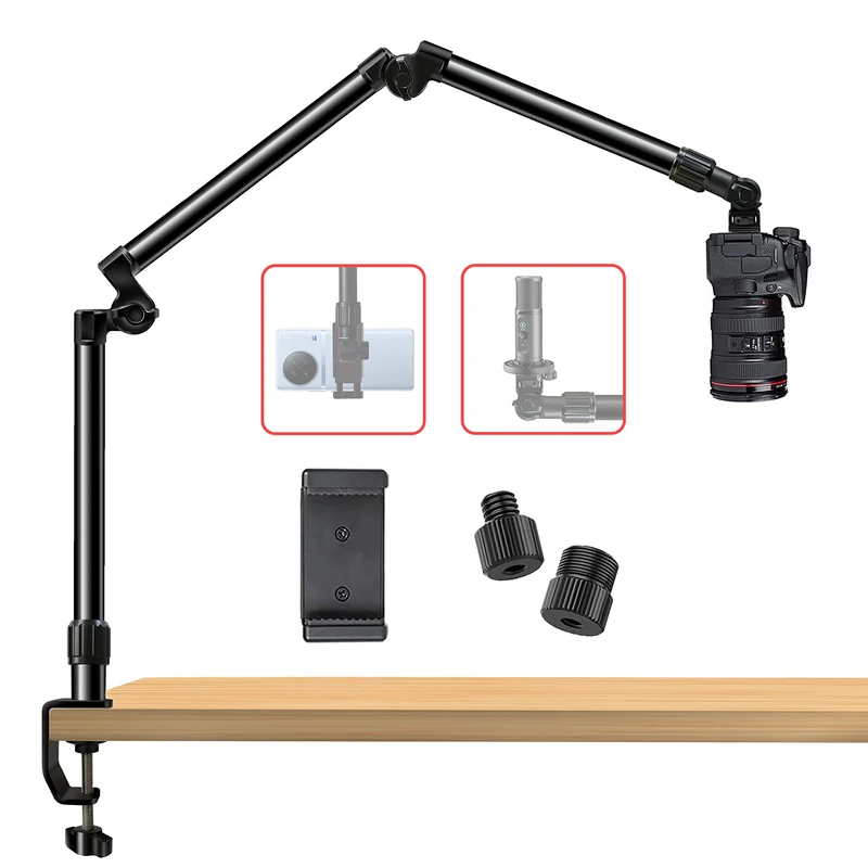 DNSbabi Overhead Camera Mount Desk Stand, Bearing 18lb, Base& Top 360° Adjustable, with 1/4“ 3/8" 5/8" Screw, 3-Section Flexible Articulating Metal Arm for DSLR Camera/Webcam