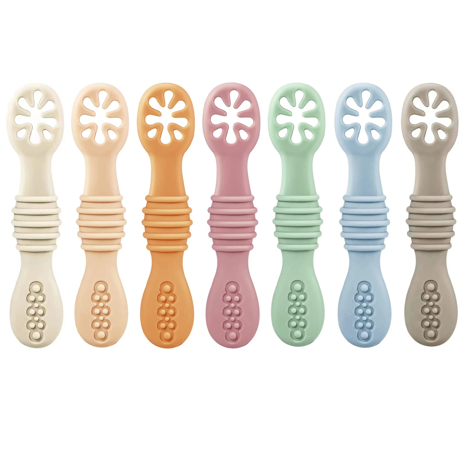 PandaEar 7 Pack Silicone Weaning Spoons - Self Feeding Toddler Spoons for 4-6 Months, Baby Led Weaning