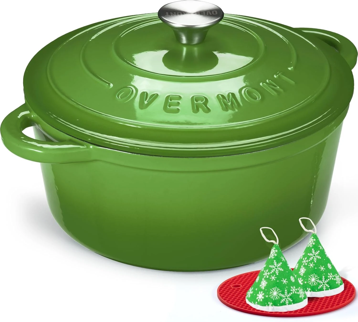 Overmont 26cm/5.2L Enamelled Cast Iron Round Casserole Pot With Lid Cookbook & Cotton Potholders - Non-stick Dutch Oven Cookware for Braising, Stews, Roasting, Bread Baking - Forest green, 5.5QT