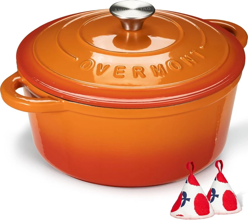 Overmont 26cm/5.2L Enamelled Cast Iron Round Casserole Pot With Lid Cookbook & Cotton Potholders - Non-stick Dutch Oven Cookware for Braising, Stews, Roasting, Bread Baking - Pumpkin, 26cm