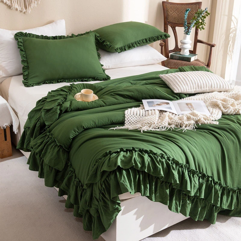 Masaca Olive Green Ruffled Comforter King Size,Farmhouse Shabby Boho Chic King Bed Comforters Vintage Rustic Bedding Ultra Soft 3PCS (1 Ruffle Comforter and 2 Pillowcases)