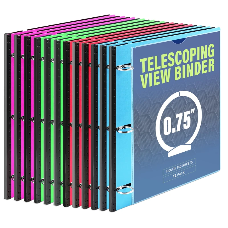 WOT I Telescoping 3 Ring Binder - 12Packs, Flexible View Binder with Elastic Rubble Spine+Customized Front Cover+Clear Catalog Pocket+Heavy Duty Round Rings, Holds 160 Sheets 8.5x11 inch Paper