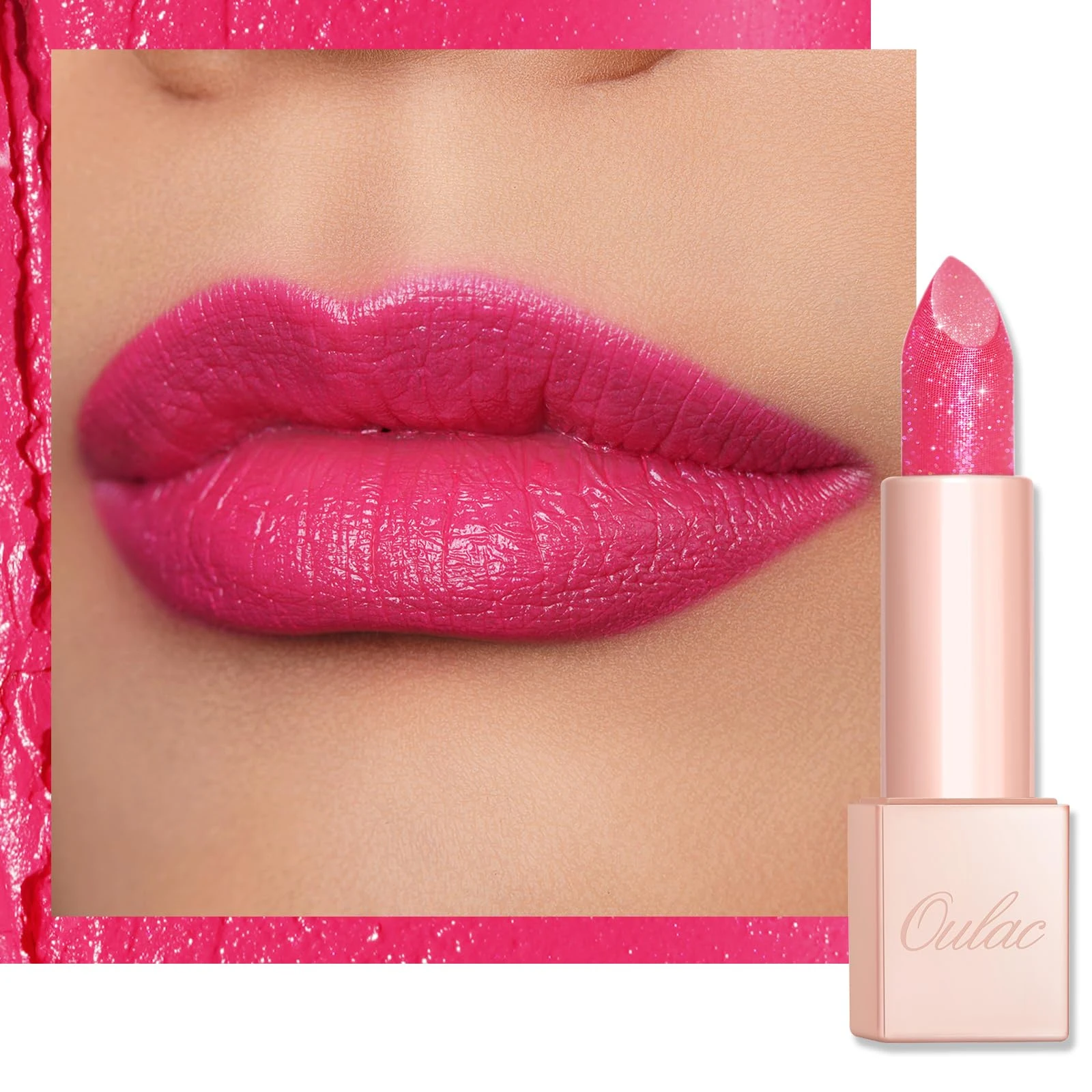 Oulac Infinity Shine Pink Lipstick – Rose Creamy Tinted Lip Balm, Diamond Glitter Surface, Hydrating Formula & Magnetic Case, Sheer Moisture for Dry Lips, Vegan, 4.5g, (PG01)