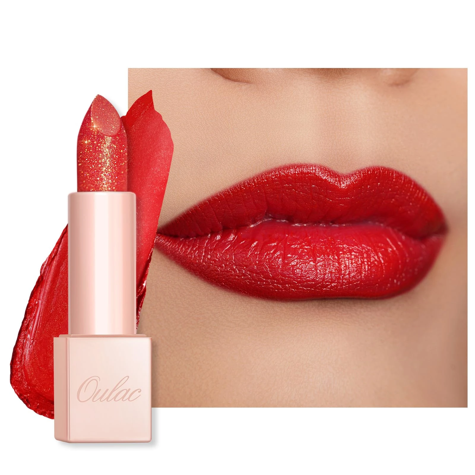 Oulac Red Shimmer Lipstick for Women - Moisture Tinted Lip Balm for Dry Lips, Creamy Formula, Hydrating & Smooth, Infused with Shea Butter, Vegan, Clean Beauty (PG02) Red Coral