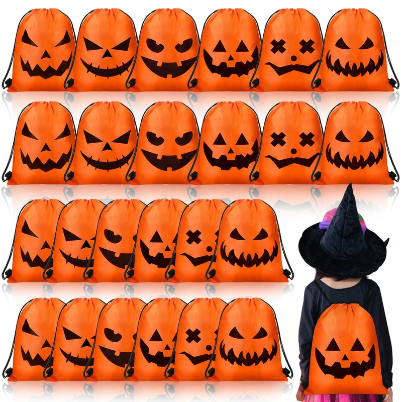 Sweetude 24 Pcs Halloween Drawstring Bags Halloween Drawstring Backpack Bags Halloween Theme Goody Bags Sack Gift Bags Reusable Candy Goodie Bags for Kids Halloween Trick or Treat Party Supplies,