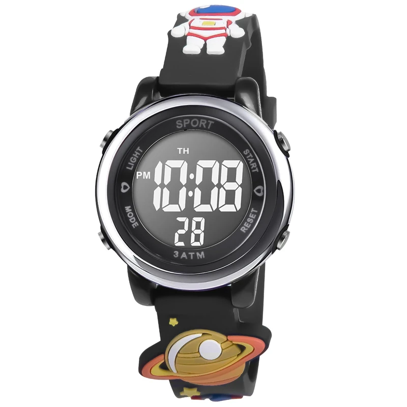 Vicloon Kids Watch, Toddler Digital Watch LED Electrical Watches 7 Color Lights with Alarm Stopwatch Planets Valentine's Day Gift for 3-10 Year Girls (Black)
