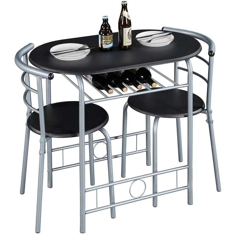 Yaheetech 3 Piece Dining Room Set, Modern Round Dining Table & Chairs Set for 2, Compact Breakfast Bar Table Set with Metal Legs and Shelf, Built-in Wine Rack for Dining Room, Living Room, Black