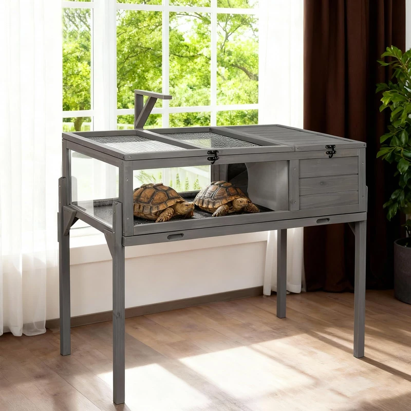 GEGURI Tortoise Habitat Indoor & Outdoor, Wooden Tortoise House with Detachable Legs, Reptile Cage for Small Animals