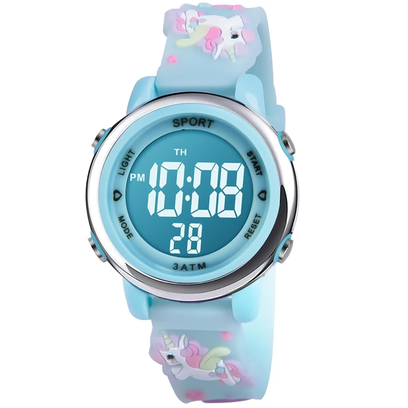 Vicloon Kids Watch, Toddler Digital Watch LED Electrical Watches 7 Color Lights with Alarm Stopwatch Unicorn Valentine's Day Gift for 3-10 Year Girls (Light Blue)