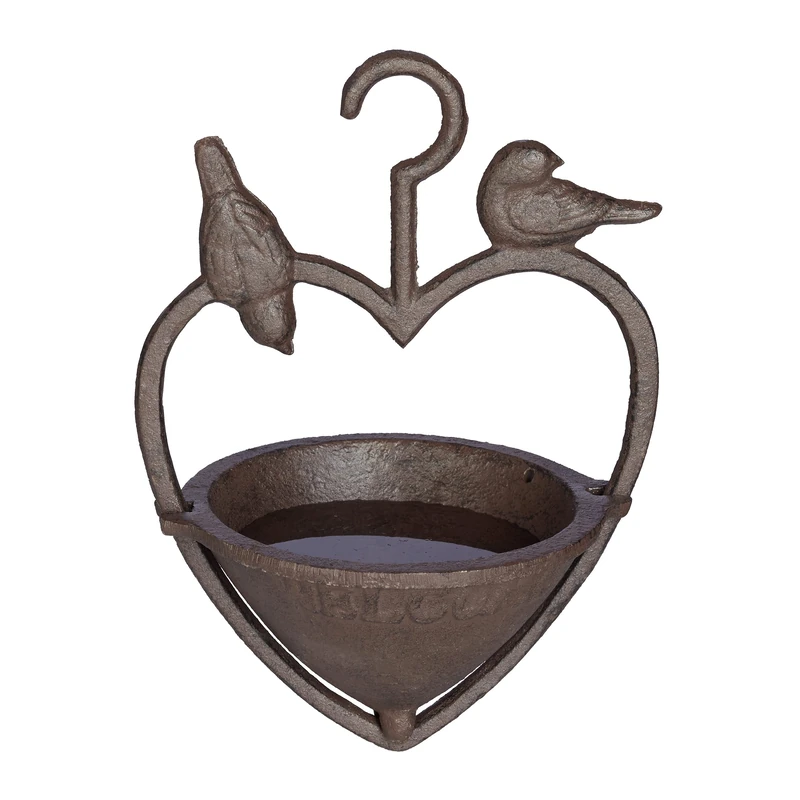 Relaxdays Hanging Bird Bath, Feeding Station for Wildlife, Welcome, Garden Decor, 21 x 15.5 x 12.5 cm, Cast Iron, Brown, 21 x 15.5 x 21.5 cm